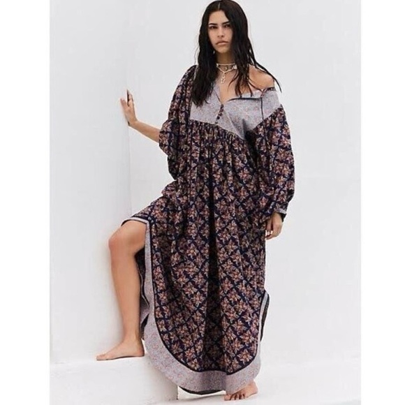 Free People Dresses & Skirts - Free People “Hazy Maisy” Boho Block Print Balloon Sleeve Maxi Dress small